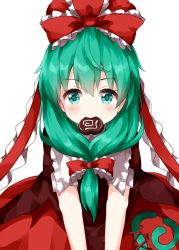 Rule 34 | 1girl, bow, candy, chocolate, chocolate heart, cowboy shot, dress, food, food in mouth, frilled bow, frilled ribbon, frills, front ponytail, green eyes, green hair, hair between eyes, hair bow, hair ribbon, hat, hat bow, heart, highres, kagiyama hina, long hair, looking at viewer, red bow, red dress, red ribbon, ribbon, ruu (tksymkw), short sleeves, simple background, solo, spiral, standing, touhou, v arms, white background