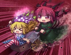 Rule 34 | &gt; &lt;, 2girls, american flag, american flag dress, american flag legwear, animal ears, black bow, black tail, blonde hair, bow, braid, cat ears, closed eyes, clownpiece, commentary request, dress, dust, fang, green dress, hair bow, hat, jester cap, kaenbyou rin, long sleeves, multiple girls, multiple tails, neck ruff, no wings, one-hour drawing challenge, open mouth, polka dot, polka dot headwear, purple headwear, red background, red eyes, red hair, side braid, smile, star (symbol), star print, striped clothes, striped dress, tail, torch, touhou, twin braids, two tails, unime seaflower, wheelbarrow