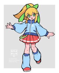 Rule 34 | 1girl, blonde hair, blue jacket, blue leg warmers, blush stickers, bow, green bow, green eyes, hair bow, high ponytail, highres, jacket, joints, long hair, mega man (classic), mega man (series), mikhail kitto, pleated skirt, red footwear, red skirt, robot girl, robot joints, roll (mega man), shoes, simple background, skirt, solo
