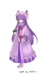 Rule 34 | 1girl, book, capelet, coat, crescent, dress, food, food on face, full body, hat, highres, jitome, long hair, long sleeves, looking at viewer, mob cap, namauni, open clothes, open coat, patchouli knowledge, purple dress, purple hair, red eyes, solo, striped clothes, striped dress, touhou, very long hair