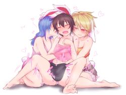 Rule 34 | 3girls, alternate costume, animal ears, bare arms, bare legs, bare shoulders, barefoot, blonde hair, blue hair, blush, breasts, brown hair, rabbit ears, rabbit tail, camisole, clenched hand, collarbone, dress, closed eyes, feet, fingering, fingering from behind, fingering through clothes, floppy ears, full body, girl sandwich, half-closed eyes, hand on another&#039;s shoulder, hand under clothes, hand up, heart, inaba tewi, kuroba rapid, long hair, looking at another, midriff, midriff peek, multiple girls, navel, nose blush, open mouth, panties, parted lips, pink panties, red eyes, ringo (touhou), sandwiched, seiran (touhou), short hair, shorts, simple background, sitting, skirt, small breasts, smile, spread legs, stomach, strapless, sweat, tail, through clothes, touhou, tube top, underwear, wariza, white background, yuri