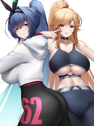 Rule 34 | 2girls, absurdres, alternate breast size, alternate costume, ass, azur lane, black choker, black pants, black tank top, blue eyes, blue hair, breasts, choker, commentary, cowboy shot, cross, english commentary, from side, high ponytail, highres, hood, hoodie, huge breasts, irkawaza, long hair, long sleeves, looking at viewer, looking to the side, multiple girls, new jersey (azur lane), orange hair, pants, ponytail, purple eyes, richelieu (azur lane), simple background, sleeveless, tank top, two-barred cross, very long hair, white background, white hoodie, yoga pants