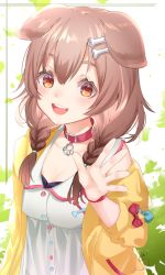 Rule 34 | 1girl, absurdres, animal ears, bone hair ornament, braid, breasts, brown eyes, brown hair, character name, cleavage, collar, collarbone, commentary, dog ears, dog girl, dog tail, gamagamarou, hair ornament, highres, hololive, inugami korone, inugami korone (1st costume), jacket, looking at viewer, medium breasts, medium hair, open mouth, signature, smile, solo, tail, twin braids, upper body, virtual youtuber