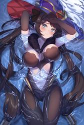 Rule 34 | 1girl, absurdres, armpits, arms up, black gloves, black hair, black pantyhose, blue cape, blue hat, blue leotard, bodystocking, breasts, cape, covered navel, detached sleeves, elbow gloves, fur collar, genshin impact, gloves, gold trim, green eyes, hat, hat ornament, highleg, highleg leotard, highres, jewelry, large breasts, leotard, long hair, looking at viewer, lying, mona (genshin impact), on back, owaowa no mi, pantyhose, solo, thighs, twintails, unaligned breasts, water, wet, witch hat