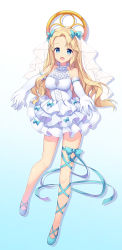 Rule 34 | 1girl, :d, absurdres, amemiya ruki, asymmetrical bangs, azur lane, bare shoulders, blonde hair, blue background, blue bow, blue eyes, blue footwear, blue ribbon, bow, breasts, collarbone, commentary request, dress, earrings, elbow gloves, emile bertin (azur lane), gloves, gradient background, hair bow, highres, jewelry, leg ribbon, long hair, medium breasts, open mouth, ribbon, round teeth, see-through, shoes, smile, solo, teeth, upper teeth only, very long hair, white background, white dress, white gloves