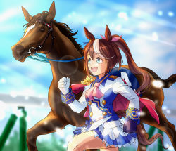 Rule 34 | 1girl, animal ears, ascot, asymmetrical gloves, black gloves, blue eyes, blue jacket, blue skirt, bow, brown hair, capelet, cheesecake (artist), commentary request, creature and personification, epaulettes, gloves, hair bow, high ponytail, highres, horse, horse ears, horse girl, horse racing track, horse tail, jacket, long hair, long sleeves, miniskirt, mismatched gloves, multicolored clothes, multicolored hair, multicolored jacket, name connection, partial commentary, pink bow, red capelet, running, single epaulette, skirt, tail, tokai teio (racehorse), tokai teio (umamusume), two-tone hair, two-tone jacket, two-tone skirt, umamusume, white gloves, white hair, white jacket, white skirt