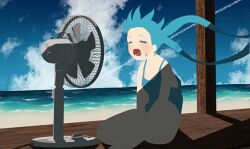 Rule 34 | 1girl, animated, animated gif, barefoot, beach, blue hair, closed eyes, commentary, day, electric fan, fan speaking, floating hair, hatsune miku, looping animation, noranucoo, ocean, open mouth, sitting, solo, swimsuit, veranda, vocaloid