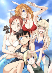 Rule 34 | 5girls, ^ ^, agahari, animal ears, arm up, armpits, bikini, blonde hair, blue eyes, blue one-piece swimsuit, blush, breast envy, breast rest, breasts, breasts on head, brown eyes, brown hair, cat ears, cat tail, charlotte e. yeager, cleavage, closed eyes, crossed legs, day, dog ears, erica hartmann, eyepatch, front-tie top, full-face blush, glasses, grin, hand on own cheek, hand on own face, large breasts, lens flare, long hair, medium breasts, minna-dietlinde wilcke, miyafuji yoshika, multiple girls, o-ring, o-ring top, one-piece swimsuit, one eye closed, perrine h. clostermann, rabbit ears, rabbit girl, red bikini, red hair, sakamoto mio, silhouette demon, sitting, sky, small breasts, smile, strike witches, swimsuit, tail, white bikini, wink, world witches series, yellow eyes