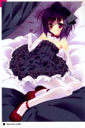 Rule 34 | 1girl, absurdres, bare shoulders, bed, bed sheet, black dress, black hair, bow, curtains, dress, elbow gloves, full body, gloves, hair bow, highres, lace, lace gloves, lying, on bed, pantyhose, purple eyes, red footwear, shoes, solo, tsurusaki takahiro, white gloves, white pantyhose