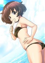 Rule 34 | 1girl, absurdres, akiyama yukari, artist name, ass, bikini, breasts, brown eyes, brown hair, butt crack, camouflage, camouflage bikini, cloud, cloudy sky, cowboy shot, dated, day, food, food in mouth, from behind, girls und panzer, green bikini, hand on own hip, highres, looking at viewer, looking back, lowleg, lowleg bikini, medium breasts, messy hair, one-hour drawing challenge, outdoors, popsicle, shiina excel, short hair, skindentation, sky, solo, sparkle, standing, sun, sunlight, swimsuit