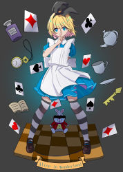 Rule 34 | 1girl, absurdres, alice (alice in wonderland), alice in wonderland, apron, arm behind back, bar censor, black background, black footwear, black ribbon, black thighhighs, blonde hair, blue dress, blue eyes, book, bow, card, censored, character name, checkered floor, club (shape), collared dress, commentary, cup, diamond (shape), dress, english commentary, english text, finger to mouth, hair ribbon, heart, highres, key, large bow, looking at viewer, manami tomo, mary janes, medium dress, playing card, pocket watch, puffy short sleeves, puffy sleeves, ribbon, saucer, shoes, short hair, short sleeves, shushing, spade (shape), standing, striped clothes, striped thighhighs, teacup, teapot, thighhighs, watch, white apron, white rabbit (alice in wonderland), wind, zettai ryouiki
