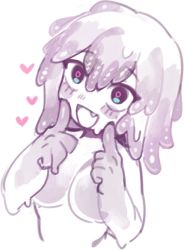 Rule 34 | 1girl, :d, breasts, fang, fingers to cheeks, hair between eyes, head tilt, heart, index finger raised, medium breasts, monster girl, nude, nyong nyong, open mouth, personification, purple slime (terraria), short hair, simple background, slime (substance), slime girl, smile, solo, terraria, upper body, white background