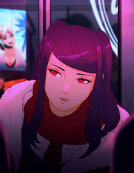 Rule 34 | 1girl, blurry, blurry background, closed mouth, facing viewer, jill stingray, koyorin, long hair, looking to the side, purple hair, red eyes, scarf, solo, twintails, upper body, va-11 hall-a
