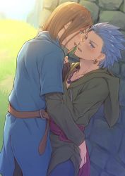 Rule 34 | 2boys, ass grab, bad id, bad pixiv id, belt, black pants, blue eyes, blue hair, blush, brown belt, brown hair, brown shirt, camus (dq11), collarbone, commentary request, day, dragon quest, dragon quest xi, eye contact, from side, green robe, hero (dq11), highres, hood, hood down, hooded robe, imminent kiss, jewelry, layered sleeves, long sleeves, looking at another, male focus, mondi hl, multiple boys, necklace, open mouth, outdoors, pants, robe, shirt, short hair, short over long sleeves, short sleeves, smile, spiked hair, tunic, yaoi