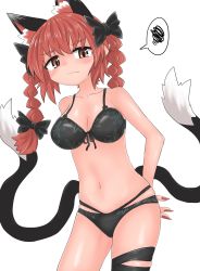 Rule 34 | 1girl, animal ears, bikini, black bikini, black bow, black legwear, black tail, blush, bow, braid, breasts, cat ears, cat tail, chups, cleavage, extra ears, hair bow, highres, kaenbyou rin, multiple tails, nail polish, navel, red eyes, red hair, red nails, short hair, simple background, solo, speech bubble, sweat, swimsuit, tail, touhou, twin braids, two tails, white background