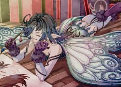 Rule 34 | 1girl, ass, black gloves, black hair, closed eyes, fairy, fairy wings, final fantasy, final fantasy xiv, fur-trimmed gloves, fur trim, gloves, highres, long hair, lying, mihira (tainosugatayaki), on stomach, paintbrush, pointy ears, smile, solo, wings