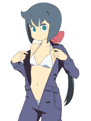 Rule 34 | 1girl, :|, ahoge, bikini, blue hair, blue jumpsuit, bob cut, bow, breasts, closed mouth, collarbone, constanze amalie von braunschbank-albrechtsberger, contrapposto, cowboy shot, green eyes, hair bow, hair ornament, halterneck, jumpsuit, little witch academia, long hair, long sleeves, looking at viewer, navel, red bow, satochi, simple background, small breasts, solo, swimsuit, thick eyebrows, undressing, very long hair, white background, white bikini