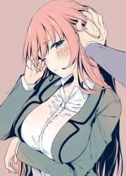 Rule 34 | 1girl, arm under breasts, blazer, blue eyes, blush, breasts, character request, collared shirt, commentary request, copyright request, dress shirt, hair between eyes, hand on another&#039;s head, hand up, head tilt, highres, jacket, large breasts, long hair, one eye closed, open clothes, open jacket, pink hair, shirt, solo, tears, white shirt, wiping tears, yu yu