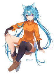 Rule 34 | 1girl, absurdres, animal ear fluff, animal ears, azna, blue hair, blush, boots, brown footwear, full body, hair between eyes, hand on own knee, highres, invisible chair, long hair, looking at viewer, low twintails, original, simple background, single thighhigh, sitting, solo, thighhighs, twintails, twitter username, very long hair, white background