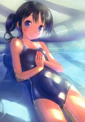 Rule 34 | 1girl, absurdres, black hair, blue eyes, blush, competition school swimsuit, highres, long hair, looking at viewer, lying, on back, one-piece swimsuit, original, partially submerged, school swimsuit, shiny clothes, side ponytail, smile, solo, swimsuit, takoyaki (roast), water, wet