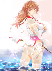 Rule 34 | 1girl, ass, backlighting, blush, breasts, brown eyes, brown hair, choker, cleavage, closed mouth, cowboy shot, dead or alive, from side, japanese clothes, kasumi (doa), kettsu, large breasts, long hair, looking at viewer, looking to the side, ninja, panties, partially submerged, pelvic curtain, solo, thighhighs, underwear, wading, white panties, white thighhighs, wrist wrap