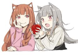 Rule 34 | 2girls, animal ears, apple, blunt bangs, blush, braid, brown hair, drooling, fang, food, fruit, grey hair, head rest, holding, holding food, holo, long hair, long sleeves, looking at another, mother and daughter, multiple girls, myuri (spice and wolf), open mouth, pink shirt, red eyes, shirt, sidelocks, simple background, smile, spice and wolf, toromera, upper body, white background, wolf ears