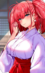 Rule 34 | 1girl, akgm (zdcw5853), alternate costume, atlanta (kancolle), breasts, earrings, grey eyes, hakama, highres, japanese clothes, jewelry, kantai collection, kimono, large breasts, long hair, miko, red hair, red hakama, single earring, smile, solo, star (symbol), star earrings, two side up, upper body, white kimono