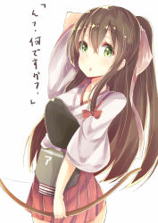 Rule 34 | 10s, 1girl, absurdres, akagi (kancolle), alternate hairstyle, bad id, bad pixiv id, bow (weapon), brown hair, comb, green eyes, hakama, hakama short skirt, hakama skirt, highres, japanese clothes, kantai collection, long hair, looking at viewer, muneate, neko sensha, open mouth, personification, skirt, smile, solo, weapon