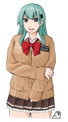 Rule 34 | 1girl, aqua eyes, aqua hair, ascot, breasts, brown cardigan, brown skirt, cardigan, cowboy shot, hair ornament, hairclip, holding own arm, kantai collection, large breasts, looking at viewer, meme, open mouth, pleated skirt, red ascot, school uniform, skirt, smile, solo, suzuya (kancolle), tsukigime