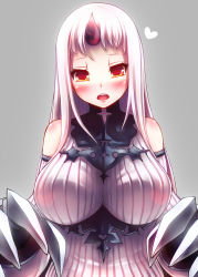 Rule 34 | 10s, 1girl, abyssal ship, bad id, bad pixiv id, bare shoulders, blush, breasts, brown eyes, claws, detached sleeves, dress, heart, highres, horns, kantai collection, large breasts, long hair, looking at viewer, morita, morita (moritania), open mouth, pale skin, revision, ribbed dress, ribbed sweater, seaport princess, short dress, single horn, smile, solo, sweater, sweater dress, turtleneck, white hair