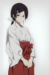 Rule 34 | 10s, 1girl, absurdres, black hair, blue eyes, glasses, hair ornament, hakama, hakama skirt, highres, hyouka, japanese clothes, juumonji kaho, long hair, looking at viewer, miko, mole, official art, own hands together, ponytail, red hakama, rimless eyewear, scan, simple background, skirt, smile, solo, standing, white background