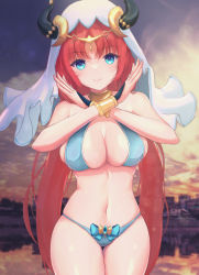 Rule 34 | 1girl, absurdres, bare arms, bare shoulders, bikini, blue bikini, blue eyes, bracelet, breasts, cowboy shot, genshin impact, highres, horns, jewelry, large breasts, long hair, looking at viewer, navel, nilou (genshin impact), outdoors, red hair, smile, solo, standing, stomach, swimsuit, tehteo, thighs, veil, very long hair