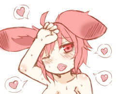Rule 34 | 1girl, ahoge, animal ears, bad id, bad pixiv id, blush, breasts, greenteaneko, heart, highres, long hair, nora (greenteaneko), one eye closed, open mouth, original, out-of-frame censoring, rabbit ears, rabbit girl, red eyes, red hair, sexually suggestive, simple background, solo, spoken heart, sweat, upper body, wiping sweat