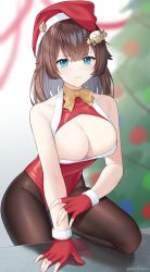 Rule 34 | 1girl, absurdres, arm support, artist name, bare arms, bare shoulders, bow, bowtie, breasts, brown hair, brown pantyhose, character request, christmas tree, cleavage, collarbone, commentary request, female commander (girls&#039; frontline), fur-trimmed gloves, fur trim, girls&#039; frontline, gloves, green eyes, groin, hat, highres, large breasts, long hair, looking at viewer, pantyhose, red gloves, red hat, rynzfrancis, santa hat, shadow, smile, solo, thighs, twitter username, yellow bow, yellow bowtie