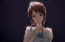 Rule 34 | 1girl, backlighting, bridal gauntlets, brown eyes, brown hair, commentary, corsage, dress, elbow gloves, finger to mouth, floral print, flower, gloves, hair ornament, highres, idolmaster, idolmaster cinderella girls, index finger raised, kouzuki kei, long hair, looking at viewer, mifune miyu, night, night sky, parted lips, ponytail, see-through, sky, smile, solo, star (sky), starry sky, upper body