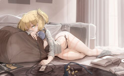 Rule 34 | .32 acp, 1girl, ammunition, barefoot, bed, black bra, black panties, blonde hair, bolt action, book, bra, bullet, cartridge, commentary request, commission, covering own mouth, digital media player, genek, girls&#039; frontline, green eyes, gun, handgun, handgun cartridge, headphones, headphones around neck, highres, indoors, integral suppressor, integrally-suppressed firearm, looking at viewer, lying, magazine (weapon), navel, on floor, on side, open book, open clothes, open shirt, panties, pistol cartridge, shirt, short hair, side-tie panties, skeb commission, solo, suppressor, thighs, twintails, underwear, weapon, welrod, welrod mk ii, welrod mkii (girls&#039; frontline), white shirt