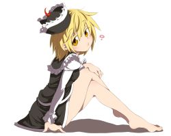 Rule 34 | 1girl, ?, barefoot, blonde hair, blush, breasts, crescent, face, harusame (unmei no ikasumi), hat, crossed legs, lunasa prismriver, o3o, short hair, sitting, solo, touhou, yellow eyes