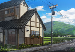 Rule 34 | air conditioner, blue sky, cloud, cloudy sky, commentary request, day, door, grass, house, miso katsu, mountain, no humans, original, outdoors, path, plant, power lines, railing, road, rural, scenery, sky, town, utility pole, window