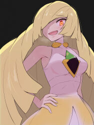 Rule 34 | 1girl, absurdres, bare shoulders, black background, blonde hair, breasts, commentary request, cowboy shot, creatures (company), diamond (shape), dress, game freak, gem, glowing, glowing eyes, green gemstone, hair over one eye, hand on own hip, highres, jewelry, kurachi mizuki, long hair, looking at viewer, lusamine (pokemon), mature female, medium breasts, neck ring, nintendo, open mouth, orange eyes, pokemon, pokemon sm, simple background, sleeveless, sleeveless dress, solo, sweat, very long hair, white dress