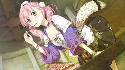 Rule 34 | 10s, 1girl, atelier (series), atelier escha &amp; logy, bangle, blush, bracelet, braid, cake, choker, cowboy shot, dutch angle, escha malier, female focus, food, game cg, green eyes, hat, hidari (left side), indoors, jewelry, nose blush, official art, pink hair, side braid, solo, standing, table, twintails, wavy mouth