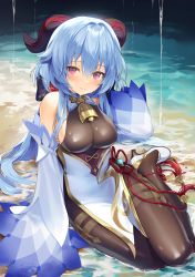 Rule 34 | 1girl, absurdres, bell, black pantyhose, blue hair, blush, breasts, chinese clothes, closed mouth, cowbell, curled horns, detached sleeves, ganyu (genshin impact), genshin impact, goat horns, gold trim, hand up, high heels, highres, horns, large breasts, long hair, neck bell, on ground, pantyhose, pelvic curtain, purple eyes, rope belt, sand, sitting, solo, sutwo 0w0, very long hair, vision (genshin impact), water, wet, yokozuwari