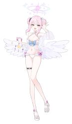 1girl :d absurdres axax_toast bikini blue_archive blue_halo bow breasts cellphone chest_bow double_bun frilled_bikini frills gradient_halo hair_bun halo highres holding holding_phone large_breasts low_wings mika_(blue_archive) moon_(ornament) multicolored_halo navel open_mouth phone pink_bow pink_hair pink_halo sandals see-through_clothes simple_background smartphone smile solo swimsuit thigh_strap waving white_background white_bikini wings yellow_eyes