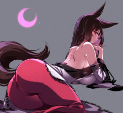Rule 34 | 1girl, animal ears, brown hair, dress, highres, imaizumi kagerou, off-shoulder dress, off shoulder, raptor7, red eyes, solo, tail, touhou, wolf ears, wolf girl, wolf tail