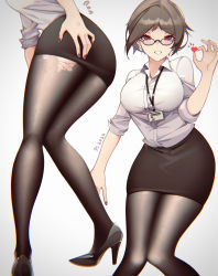 Rule 34 | 1girl, absurdres, ass, bad id, bad pixiv id, bent over, breasts, dress, glasses, hand on own ass, heart, high heels, highres, id card, knees together feet apart, medium breasts, multiple views, nail polish, office lady, original, pantyhose, pencil dress, pencil skirt, red eyes, red nails, senjouhara nira, short hair, skirt, thighs, torn clothes, torn legwear