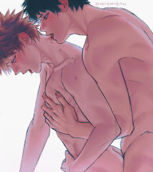 Rule 34 | 2boys, artist name, bakugou katsuki, biting, blood, blue eyes, blush, boku no hero academia, commentary request, completely nude, cowboy shot, freckles, from side, grabbing, highres, implied anal, implied sex, male focus, masturbation, midoriya izuku, multiple boys, nude, open mouth, pectoral grab, pectorals, saliva, short hair, simple background, spiked hair, toned, toned male, wengwengchim, yaoi