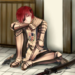 Rule 34 | 1boy, armor, armored boots, black pants, boots, chainmail, closed mouth, commentary request, emblem, eyepatch, full body, gauntlets, hair between eyes, head rest, indoors, katana, knight (ragnarok online), looking to the side, male focus, misuguu, on floor, pants, pauldrons, ragnarok online, red eyes, red hair, scabbard, sheath, short hair, shoulder armor, solo, sword, tabard, weapon