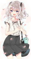Rule 34 | 10s, 1girl, bag, blue eyes, blush, bow, breasts, casual, chiune (yachi), collarbone, hair ribbon, highres, kantai collection, kashima (kancolle), looking at viewer, open mouth, petals, ribbon, short sleeves, shoulder bag, silver hair, simple background, skirt, solo, twintails, wavy hair
