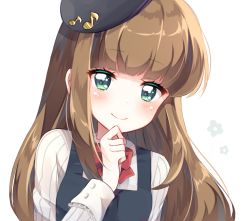 Rule 34 | 1girl, bad id, bad pixiv id, black hat, blush, bow, brown hair, green eyes, hat, kobeni, long hair, looking at viewer, musical note, otoca d&#039;or, quaver, red bow, seina (otoca d&#039;or), seina (otoca doll), shirt, smile, solo, upper body, white background, white shirt