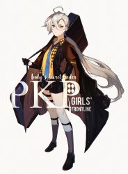 Rule 34 | 1girl, 3o c, ahoge, black footwear, black gloves, blue necktie, brown eyes, brown jacket, character name, closed mouth, copyright name, english text, girls&#039; frontline, gloves, highres, jacket, jacket on shoulders, long hair, looking at viewer, necktie, official alternate costume, orange eyes, pkp (girls&#039; frontline), pkp (l.a.d.y) (girls&#039; frontline), ponytail, serious, shirt, shoes, shorts, silver hair, socks, solo, standing, weapon case, white background, yellow shirt