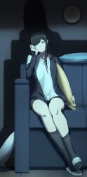 Rule 34 | 1girl, :/, black hair, black jacket, black socks, blue eyes, chinese commentary, clock, closed mouth, commentary request, couch, head rest, highres, indoors, jacket, long hair, long sleeves, looking at viewer, maoyu baiyue, off shoulder, on couch, open clothes, open jacket, original, pillow, sandals, shadow, shirt, sitting, socks, solo, wall clock, white footwear, white shirt